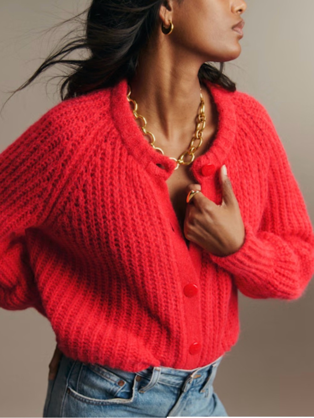 Sezane Vibrant Red Fuzzy Button-Front Cardigan